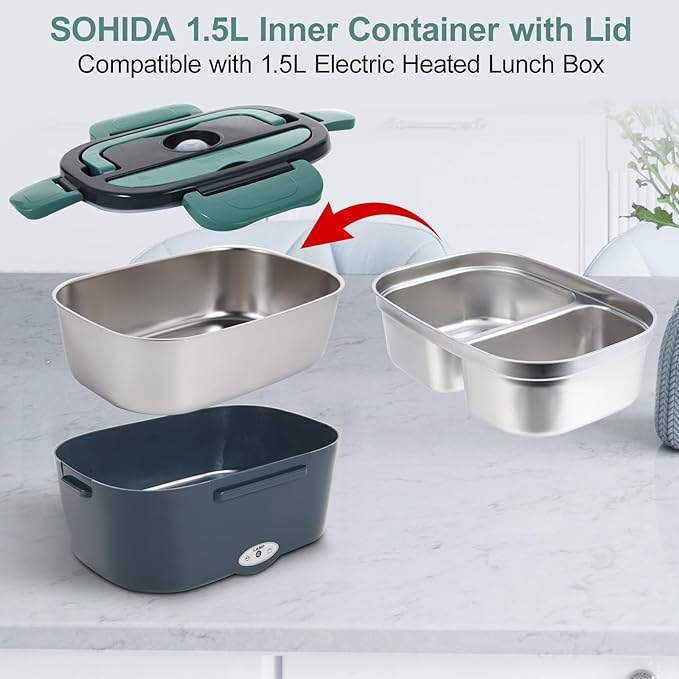 Electric Lunch Box Dual Compartment Container with Lid, Removable Replacement Tray, Easy to Clean, Dishwasher Safe (Only for 1.5L Electric Lunch Box)