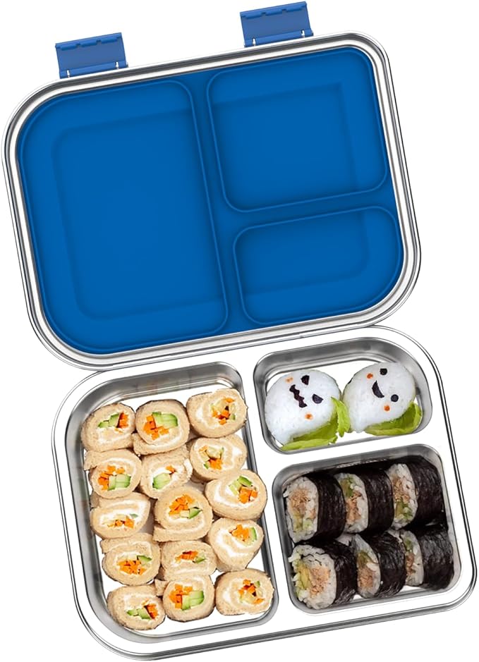 TOURPOR Stainless Steel Bento Box for Kids 1000ml - 3 Compartment Lunch Box for Adults, Leakproof Food Container, BPA-Free Metal Lunch Box with Silicone Seal, Eco-Friendly/Dishwasher Safe (Blue)