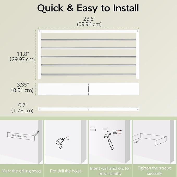 Wall Mounted Clothes Drying Rack 23.6", Foldable Wall Mount Laundry Rack Folding Indoor, Drying Rack Clothing Collapsible, Hidden Space Saver with Wall Template, 5 Rods, White