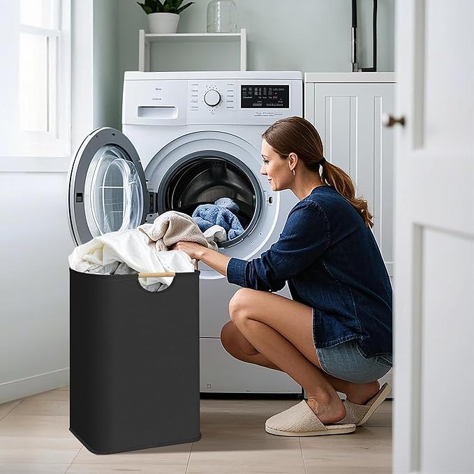 STORAGE MANIAC Large Laundry Hamper, 80L (21.1 Gal) Collapsible Laundry Basket with Bamboo Handles, Freestanding Waterproof Clothes Hamper for Laundry Room, Bedroom, Dorm, Towels, Toys, Black