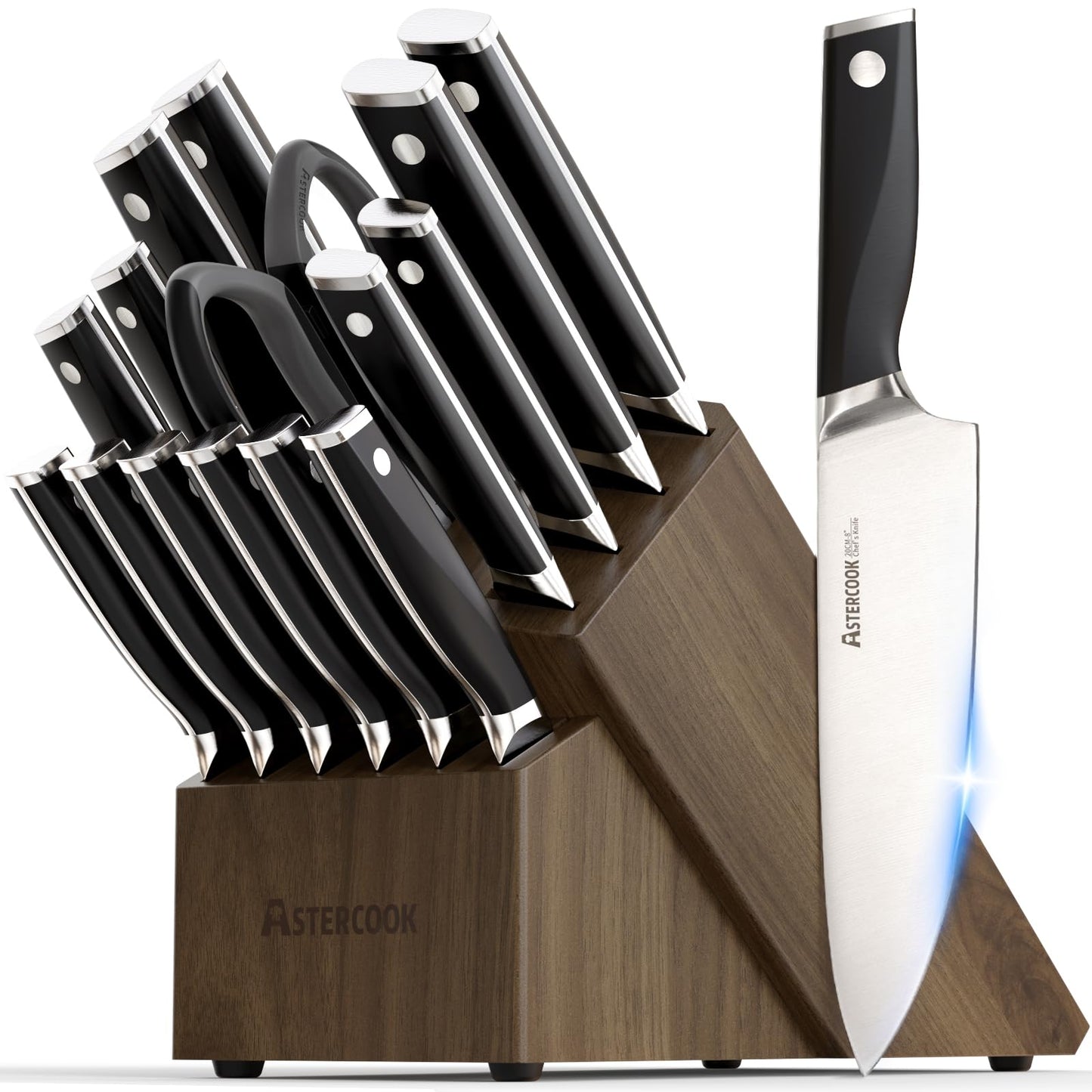 Astercook Knife Set Kitchen with Block and Sharpener Premium Full Tang 17 Pcs German Stainless Steel Knives Dishwasher Safe Kitchen Utensils Set with with and Anti-slip Ergonomic Handle, Cream White