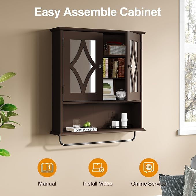 RoyalCraft Bathroom Medicine Cabinet Wall Mounted, Over The Toilet Storage Cabinet with Towel Rack and Adjustable Shelf, Large Bathroom Towel Cabinet Wall Mount 22x25 inch (Brown)