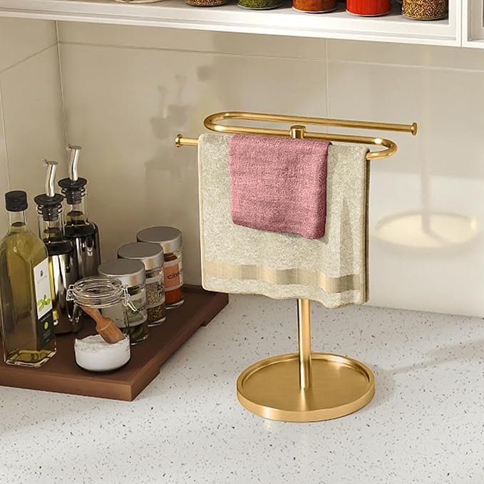 Bathroom Hand Towel Holder Stand Gold, S-Shape Countertop Towel Standing, Stainless Steel Towel Rack Bar Holds 2 Towels for Kitchen