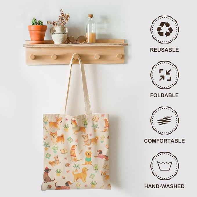 MOLOVA 1-PACK Reusable Grocery Shopping Bag, Cute Dog Pattern Canvas Tote Bag with Magnetic Snap Closure and Zipper Inner Pocket