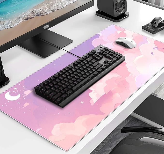 Cute Anime Cloud Desk Mat, Beautiful Pink Stitching Edge Non Slip Rubber Mouse