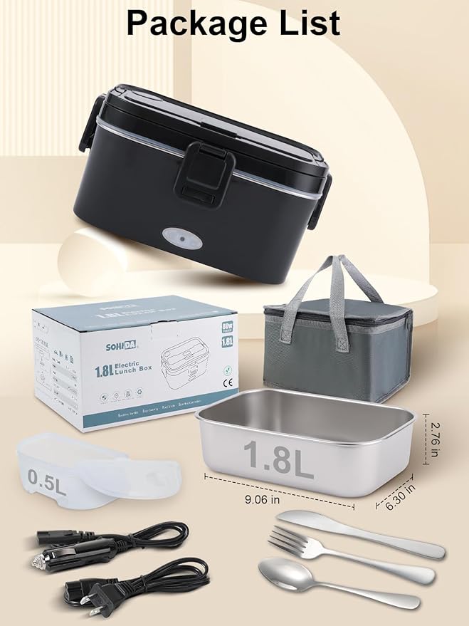 1.8L+0.5L Heated Lunch Box for Men, 80W Electric Lunch Box with Long-handled Utensils for Adults, 12V/24V/110V Lonchera Eléctrica Portátil, Portable Food Warmer for Car/Truck/Office (Black)
