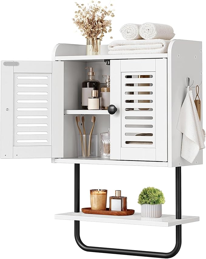 HOOBRO Medicine Cabinet, Double Doors Bathroom Wall Cabinet with Towel Bar, Adjustable Shelf, 2 Hooks, Over The Toilet Storage Cabinet, for Bedroom, Kitchen, White BW46CW01