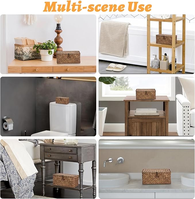 Sumnacon Small Wicker Basket with Lid Rectangle Woven Baskets for Toiletries Tampon Storage,Wicker Storage Basket with Lid,Decorative Seagrass Storage Baskets for Shelf Bathroom Toilet Table, Coffee