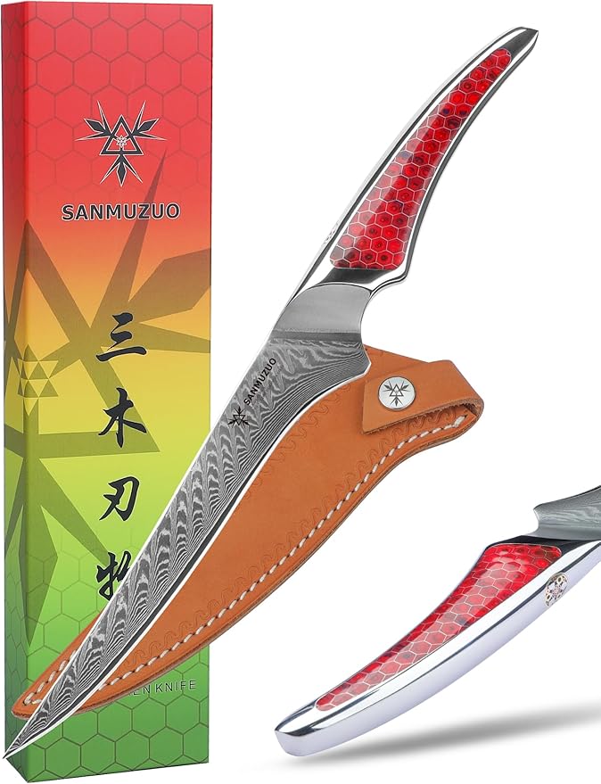 SANMUZUO 8 inch Chef Knife, Japanese VG-10 Damascus Steel Kitchen Knife, Ultra Sharp Cooking Knife with Full-tang Handle in Red Resin, LA-S9 Series