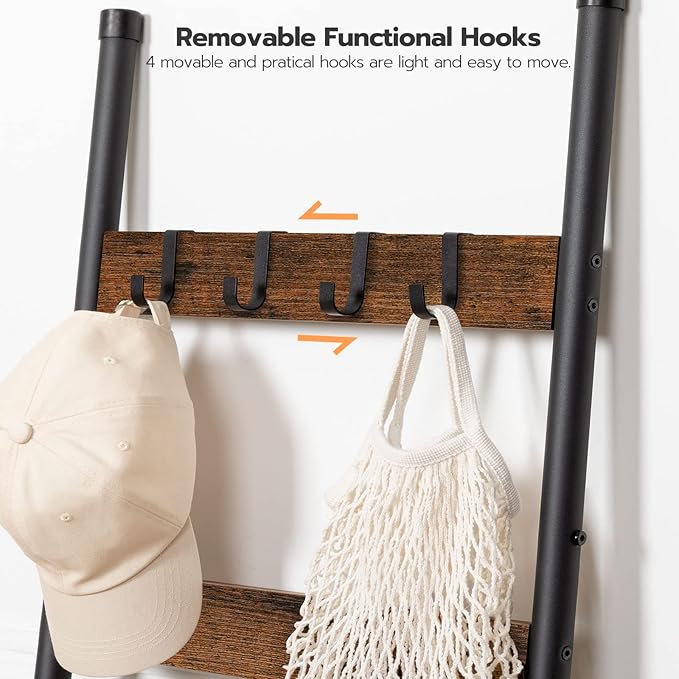 HOOBRO Blanket Ladder, 5 Tier Towel Rack, 17.3" L x 63" H, Wall-Leaning Blanket Rack for Living Room, Decorative Ladder with 4 Hooks and Magazine Pocket, Rustic Brown BF32CJ01