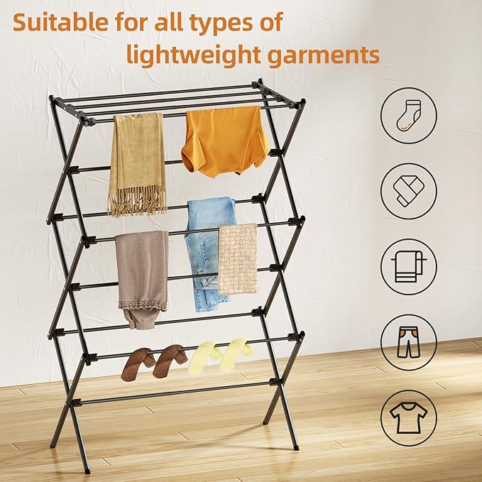 Drying Rack Clothing, 3-Tier Clothes Drying Rack Foldable, Antirust Laundry Drying Rack Collapsible Use for Indoor & Outdoor, 11.8" D x 34.6" W x 35.4" H, Black