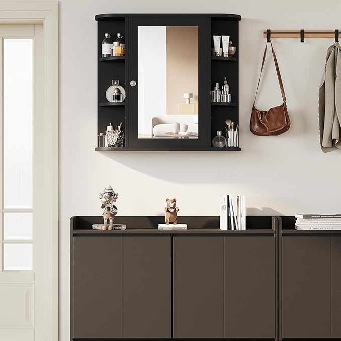 Shintenchi Bathroom Wall Cabinet with Mirror, Mounted Medicine Cabinets with 4 Internal and 6 Open Shelves, Mirrored Door Over The Toilet Storage, Black