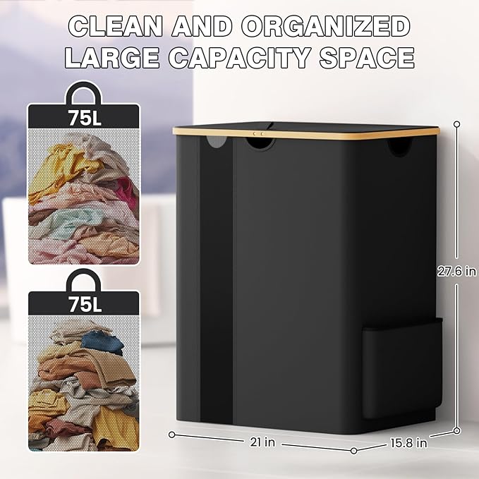 BlissTotes Laundry Basket with Lid, 150L Clothes Laundry Hamper with Handles and 2 Removable Laundry Bags, Breathable Design Hamper with Lid for Bedroom, Bathroom, Dorm, Laundry Room -Black
