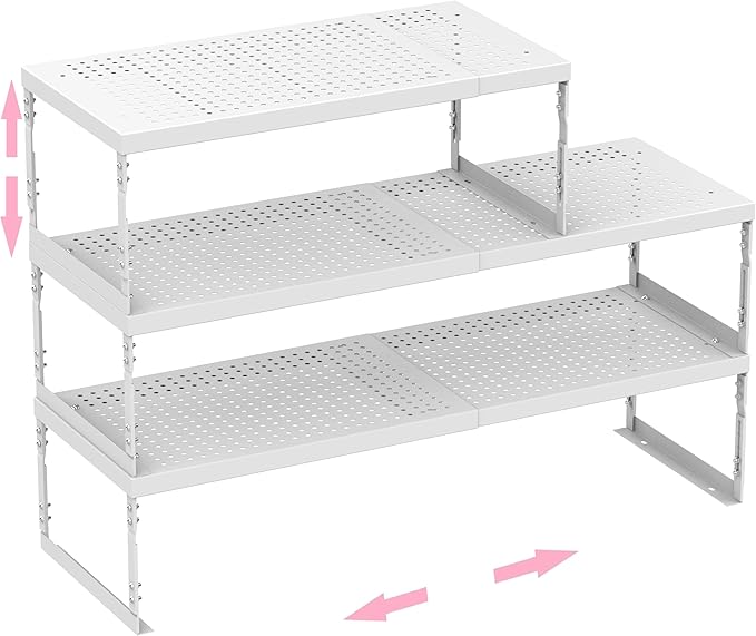 Asiingkel Stackable Expandable Metal Shelf Organizer - Adjustable Wire Storage Rack with Holes for Kitchen, Bathroom, Cabinet, Office - Space Saving, Durable & Sturdy Design(1PACK/Large/Black