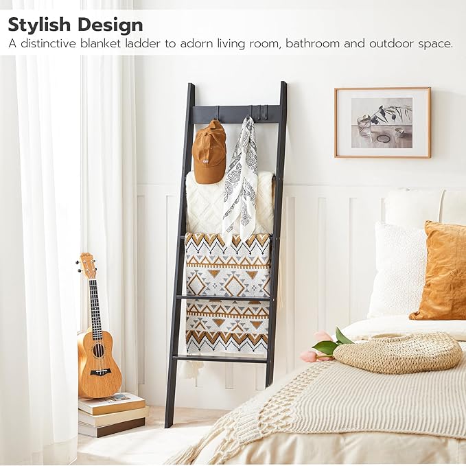HOOBRO Blanket Ladder for Living Room and Bedroom, 5-Tier Wall Leaning Towel Rack for Bathroom, Decorative Ladder Shelf with 4 Removable Hooks, Farmhouse Blanket Storage, Black BB51CJ01G1