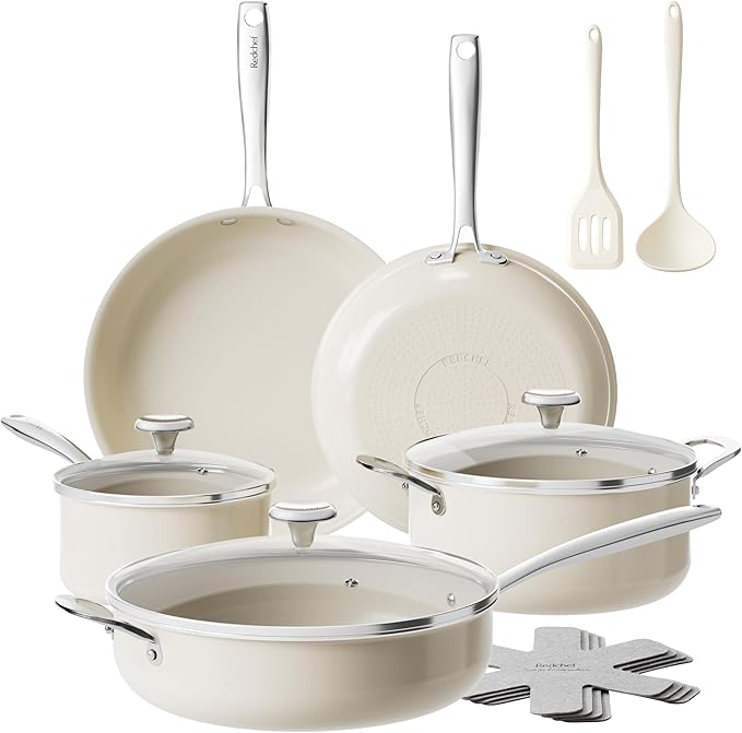 Redchef Ceramic Nonstick Cookware Set,14pcs Pots and Pans Set Non Stick,Induction Cookware with Stainless Steel Handle,Non Toxic Kitchen Cooking Set,Dishwasher & Oven Safe,PFAS PFOA & PTFE Free(Blue)