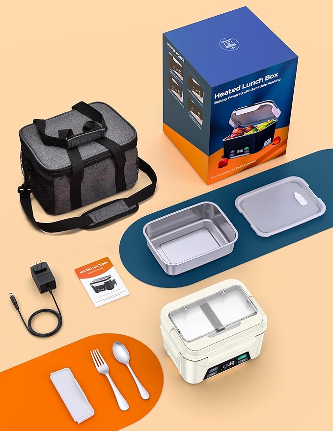 EAST OAK Cordless Electric Lunch Box for Adults, Heated Lunch Box Battery Powered with Automatic Heating, 5.5 Cups Portable Food Warmer with Removable Tray Divider