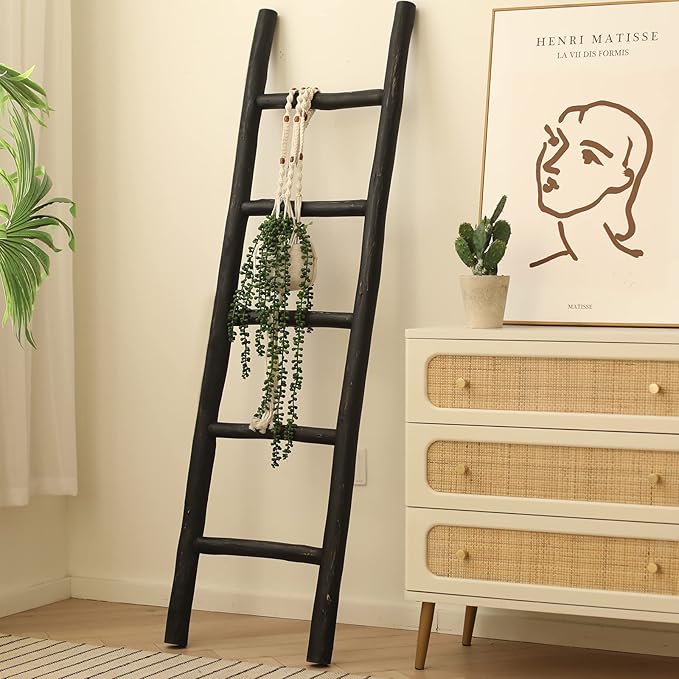 FUIN Fully Assembled 57in Wood Blanket Ladder Living Room Decorative Wall Leaning Farmhouse Quilt Display Holder Rustic Wooden Towel Rack for Bathroom, Black