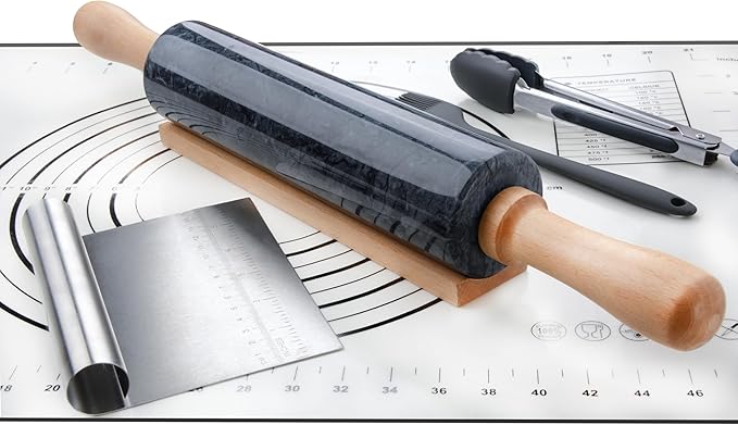SIPARUI Marble Rolling Pin with Wooden Cradle Thick Handle Set for Baking,18.5 inch Premium Quality Polished Roller for Pizza Dough,Fondant,Pie Crust,Non-Stick Surface Easy to Clean(White)