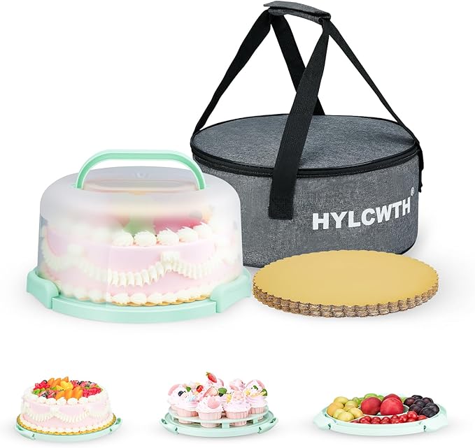 HYLCWTH Cake Carrier With Lid And Handle, Bpa-Free Cake Holder With Lid For 10 Inch Round Cake Carrier With 10 pcs Round Golden Cake Boards And Portable Insulated Bag(White)