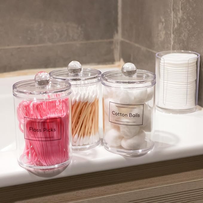4 Pack Acrylic Qtip Holder Dispenser,Canisters Apothecary Jar Set, Vanity Makeup Bathroom Organizers and Storage Set, 10 and 12 oz