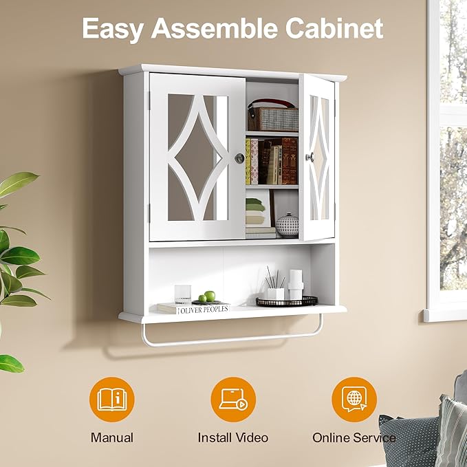 RoyalCraft Bathroom Wall Cabinet with Mirror, Over The Toilet Storage Cabinet with Towel Rack and Adjustable Shelf, Large Bathroom Medicine Cabinet Wall Mount 22x25 inch (White)