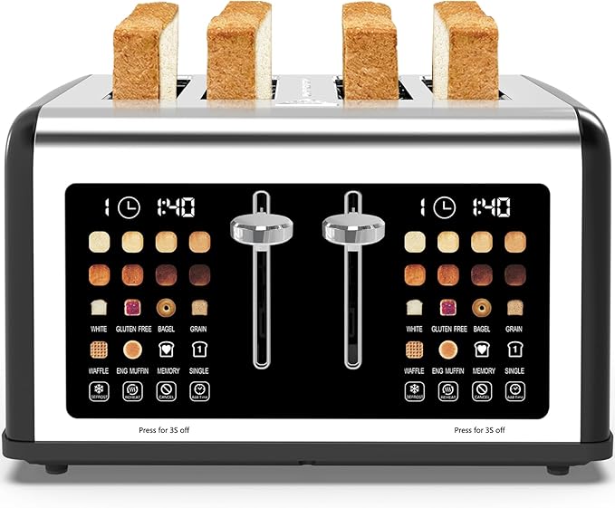4 Slice Toaster Touch Screen, Stainless Steel Toasters Digital Timer, Dual Control Panel Toasters, 8 Shade Settings 6 Bread Types for Bagel, Cancel, Defrost 1650W Silver