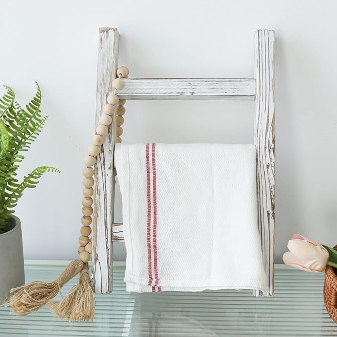 FUIN Wooden Tea Towel Ladder, Mini Ladder Towel Rack Display Hanger, Small Rustic Farmhouse Tea Towel Stand Holder for Country Bathroom Decor, White