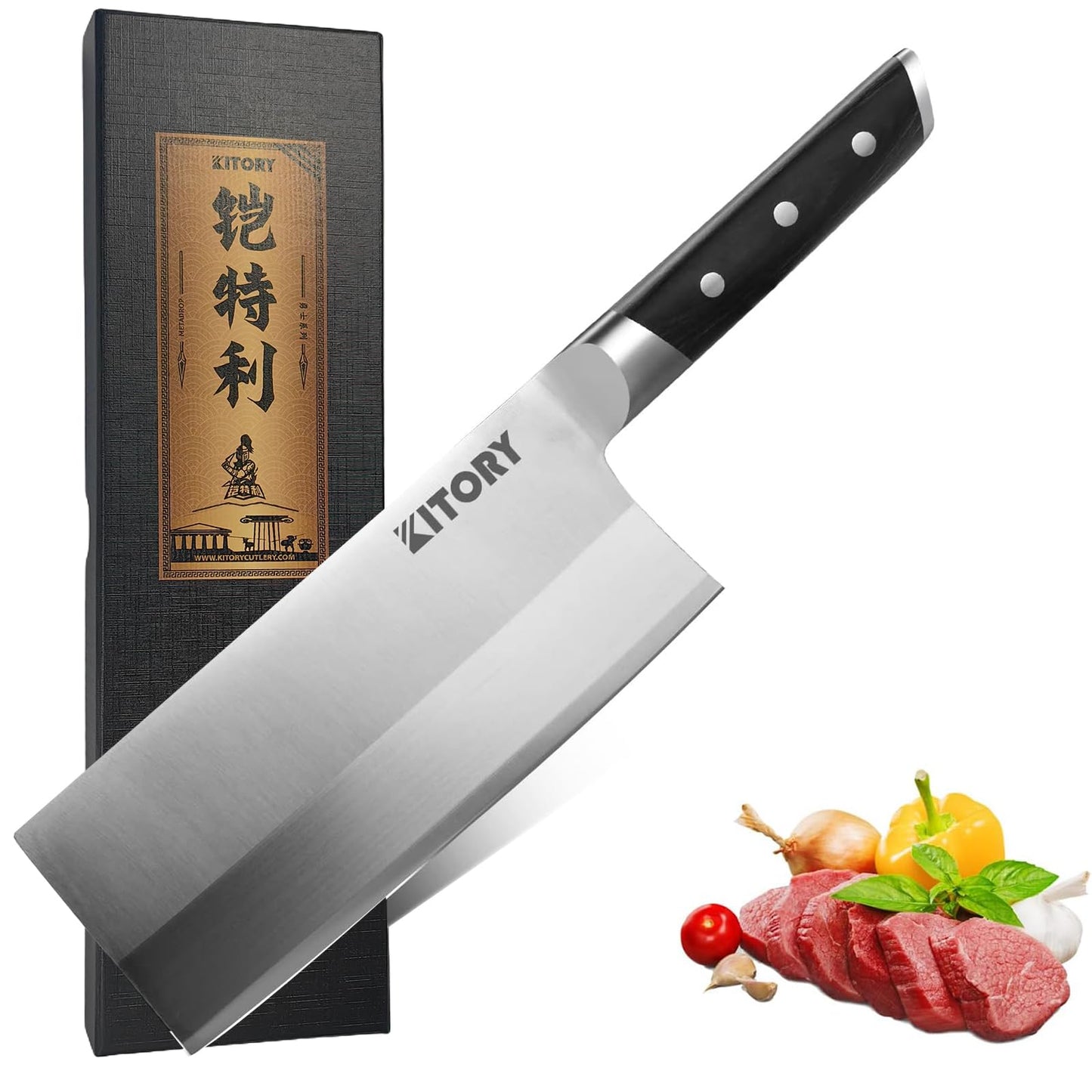 Kitory Meat Cleaver for bones and frozen meat - 7 inch German High Carbon Stainless Steel Kitchen Chopping Knife Blade, Ergonomic Wodden Handle with Enhanced Bolster - Gifts Box Included