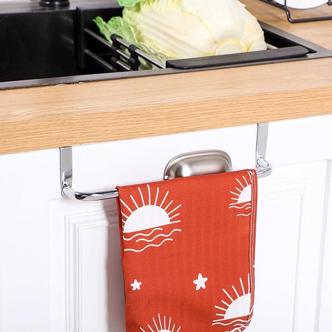 2 Pieces Metal Towel Bar Kitchen Cabinet Steel Towel Rack Bar for Hanging on Inside or Outside of Doors, Home Kitchen Bathroom(Silver)