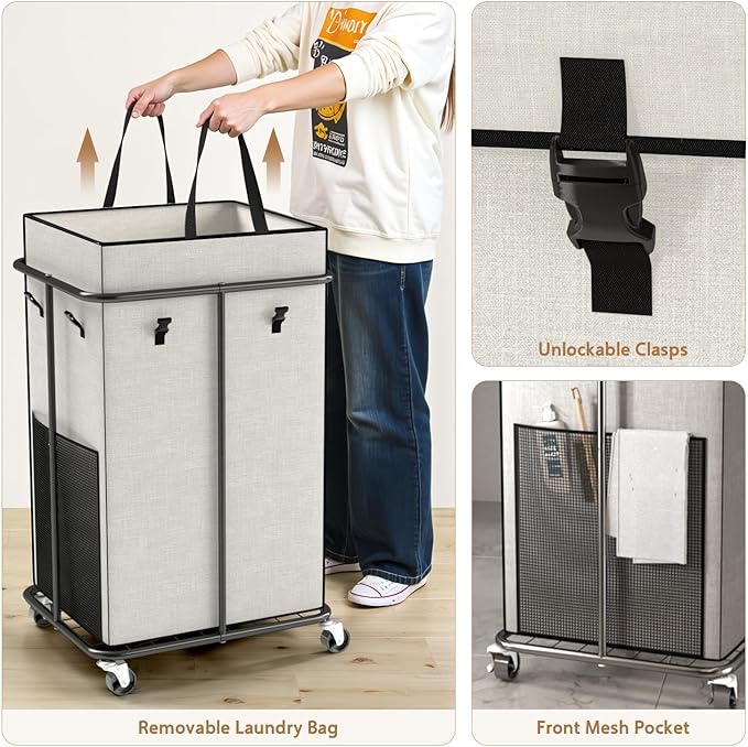 40 Gal Large Laundry Hamper with Lid, Rolling Laundry Basket with Wheels, Oxford Fabric Dirty Clothes Hampers with Removable Laundry Bag & Metal Frame for Bedroom, Laundry Room, Bathroom, Dorm(White)