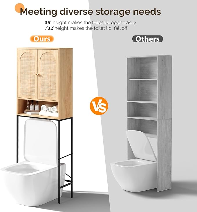 VINGLI Over The Toilet Storage Cabinet, Rattan Bathroom Organizer Behind Toilet,Above Metal Stand Rack Tall Freestanding Wood Cabinet with Wicker Doors,Adjustable Shelf for Bathroom,Restroom,Bohemian