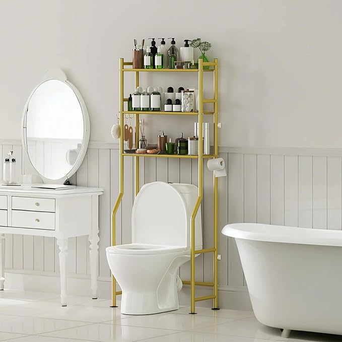 3-Tier Over The Toilet Storage with Paper Holder, Metal Bathroom Organizers and Storage for Small Space, Freestanding Bathroom Shelves with 4 Hooks, Above The Toilet Storage Shelf (Gold)
