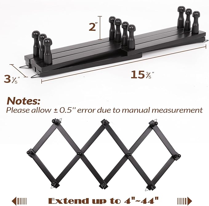 Wall Rack with 10 Hooks, Wooden Wall Expandable Coat Rack for Coat, Hats, Baseball Caps, Coffee Mug, Jewelry(Black)