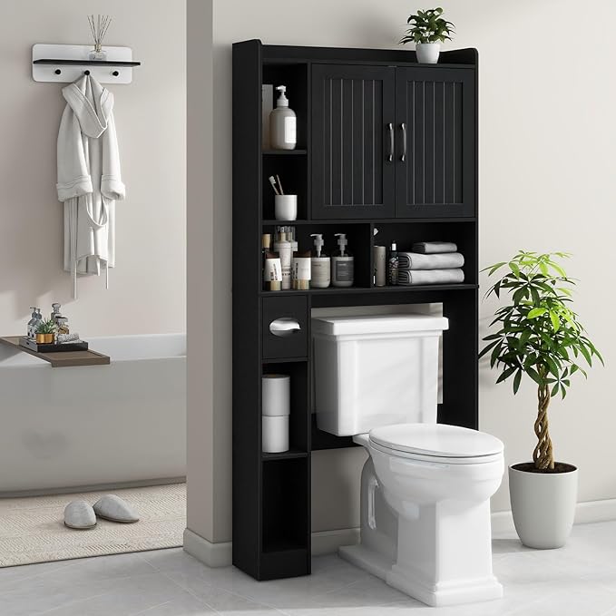 Vabches Over The Toilet Storage Cabinet, Farmhouse Storage Cabinet Over Toilet with Barn Door, Home Space-Saving Toilet Rack, for Bathroom, Restroom, Laundry(Black).