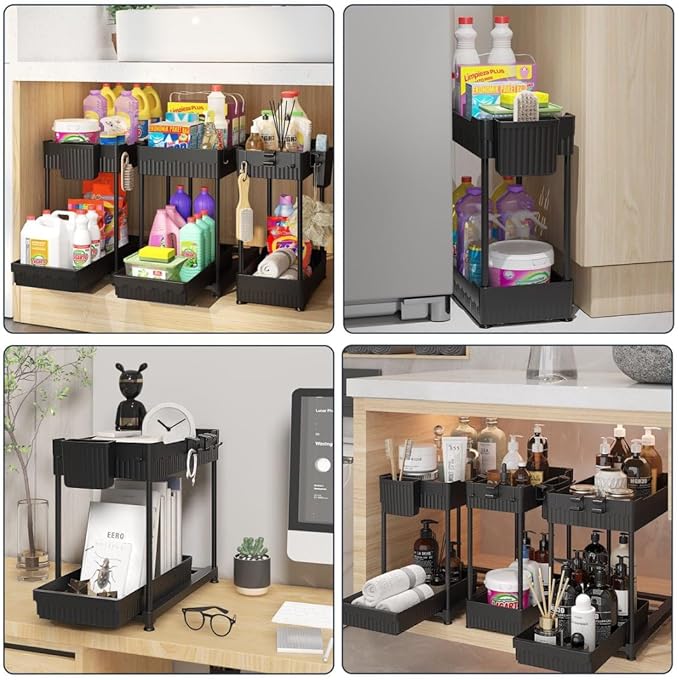 3 Pack Under Sink Organizers, 2-Tier Multi-Use Kitchen and Bathroom Organizers and Storage with Sliding Drawers,Bathroom Cabinet Organizer (Black, 12.8 Inch)