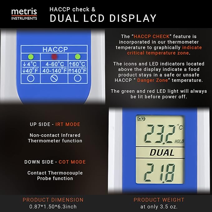 Metris Model TCT303F NSF Certified #C0626846. Complies with FDA 2022 Food Code Verification Accuracy of 2 Degrees F for HACCP Food Services