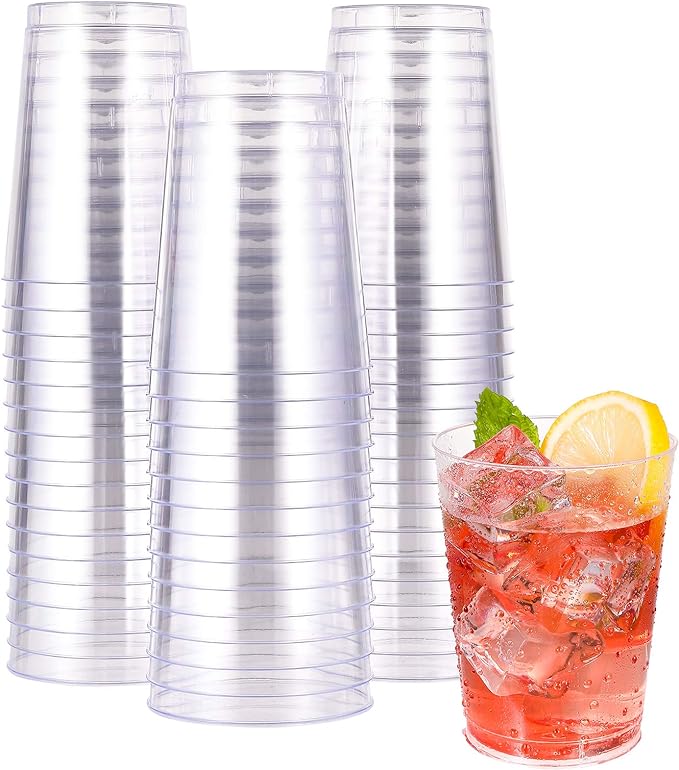 JOLLY CHEF 10 oz Clear Disposable Plastic Cups 100 Pack Clear Plastic Cups Tumblers, Heavy-duty Party Glasses, Disposable Cups for Thanksgiving, Party,Fathers Day