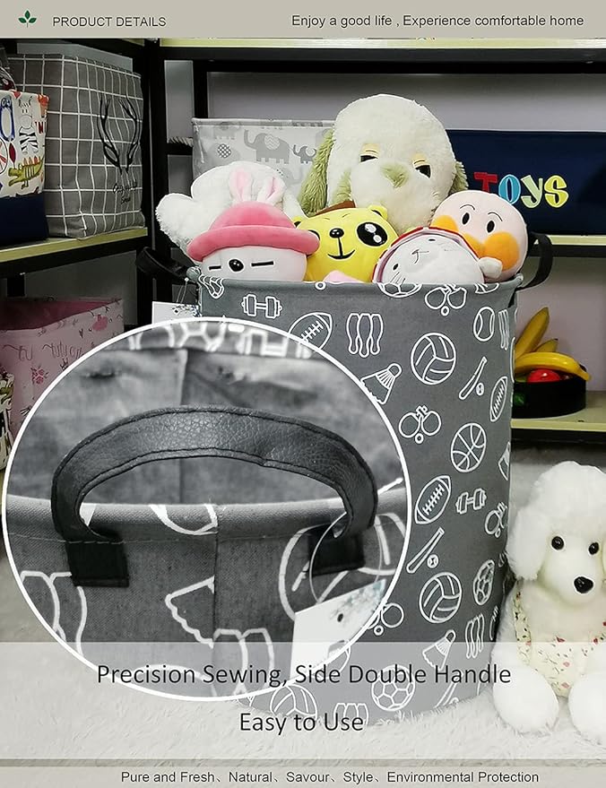 Round Waterproof Laundry Basket、Foldable Storage Basket、Laundry Hampers with Handle、Gift Basket,Suitable for Children's Room and Toy Storage (Grey Sports Ball)