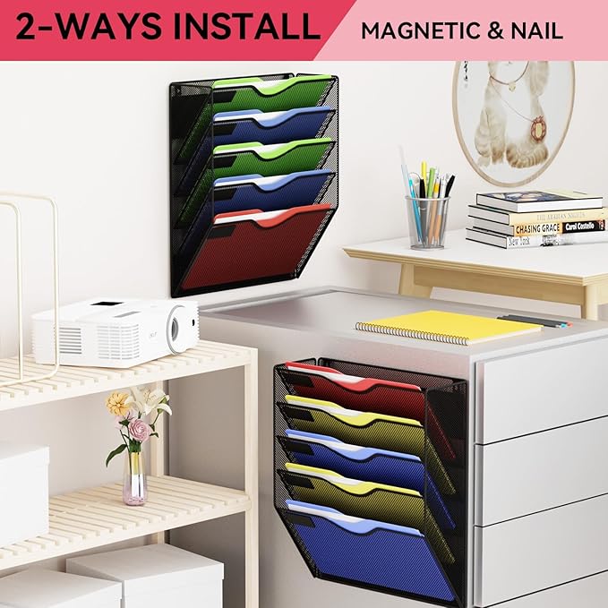 5-Tier Magnetic File Holder, No Drilling Wall File Organizer, File Folder Bins, Mail & Magazine Rack, Magnetic Paper Document Holder for Refrigerator File Cabinets Whiteboard, Black