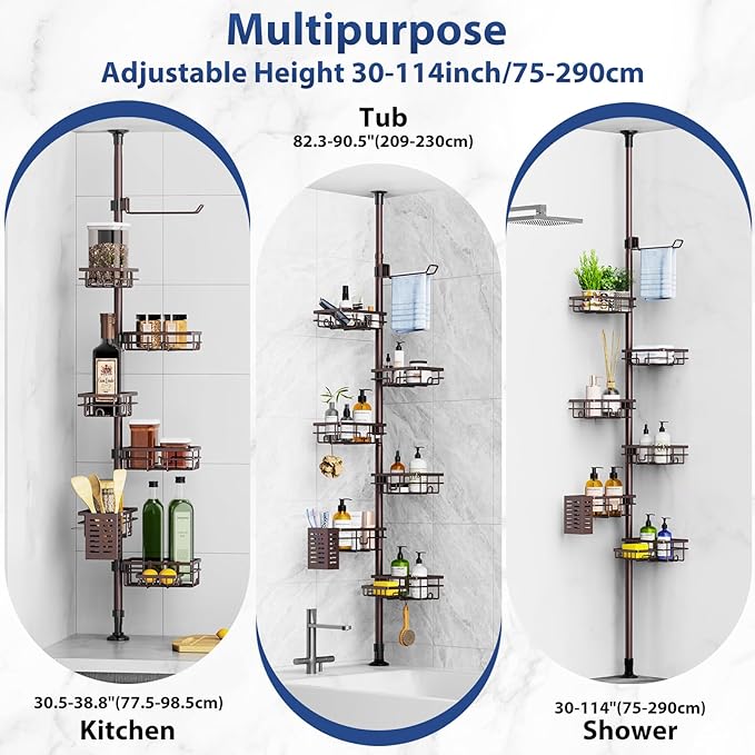 Mixoo Corner Shower Caddy Tension Pole - Adjustable 30 to 120 Inch Shower Organizer with 6 Shelves, Towel Rack, Toothbrush Holder, Soap Dish, Bathroom Corner Storage for Shower, Bathtub (Bronze)
