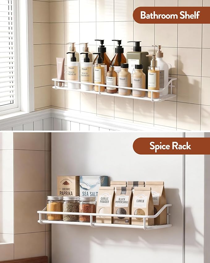 Orimade Bathroom Shelf Organizer Shower Caddy Storage Kitchen Rack with Traceless Transparent Adhesive No Drilling SUS304 Stainless Steel, 15.75inch, White