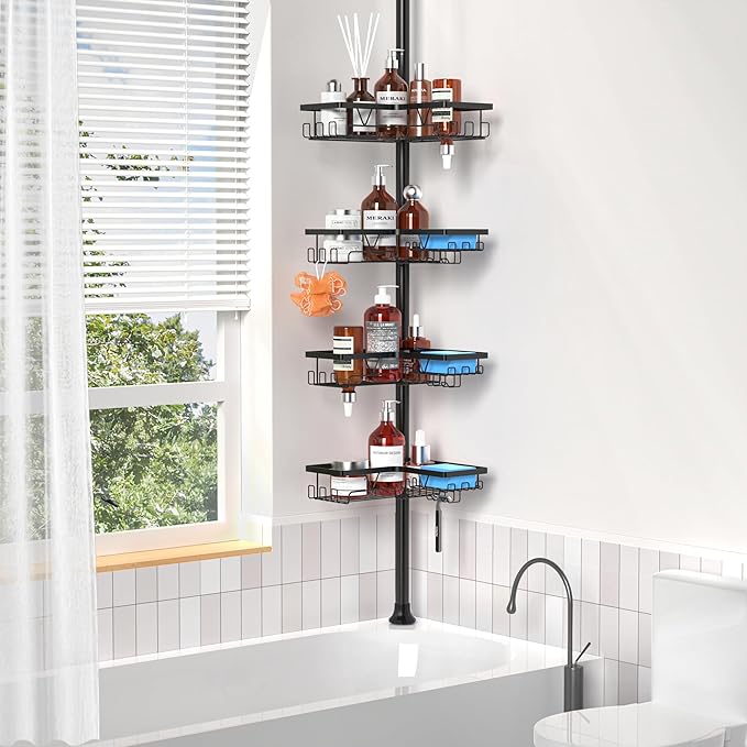 ZUNTO Shower Caddy Corner for Bathroom, Tension Pole, Adjustable 25in-114in Floor to Ceiling, Standing Shower Tension Rod Organizer with Hooks, 4 Tier Storage Shelves, Matte Black