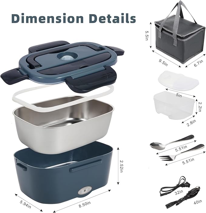 Electric Lunch Box, 12V/24V/110V Portable Food Warmer with SS Fork & Spoon for Car/Truck/Office, 80W Self Heating Lunch Box with 1.5L 304 Stainless Steel Container & 0.45L PP Fruit Box Black