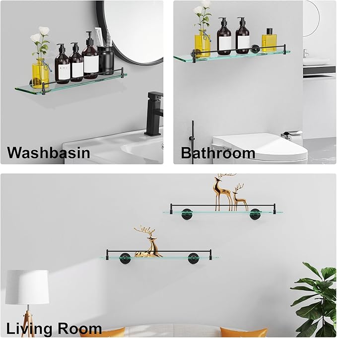 20 Inches Glass Shelves for Bathroom, Matte Black Floating Glass Shelf Stainless Steel Tempered Glass Bathroom Shelves for Wall Mount Modern