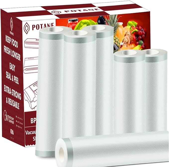 POTANE 6 Pack 11"x20'(3Rolls) and 8"x20' (3Rolls)Thickened Vacuum Sealer Bags, Smell-Proof, Puncture Prevention, Heavy duty for POTANE, Food Saver, Great for Vacuum storage,Meal Prep or Sous Vide