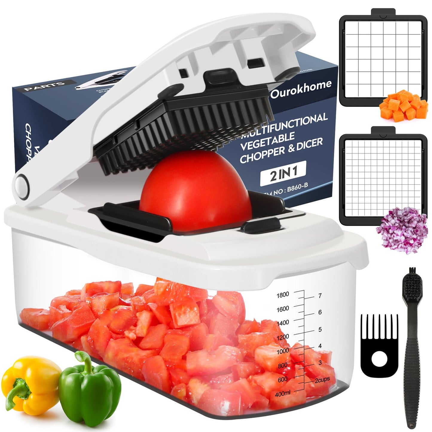Ourokhome Onion Chopper Dicer with Container, Manual Food Cutter with Handheld Veggie Spiral, Hand Vegetable Mandolin slicer for Potato, Tomato, Carrot, Essential Kitchen Gadget (6 in 1, Gray)
