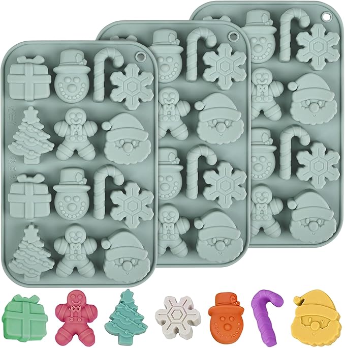 Christmas Candy Molds Silicone Chocolate Mold Christmas Tree Gingerbread Snowman Glove Bell Shape Gummy Mold for Fondant Cupcake Decoration Set of 2(Brown)