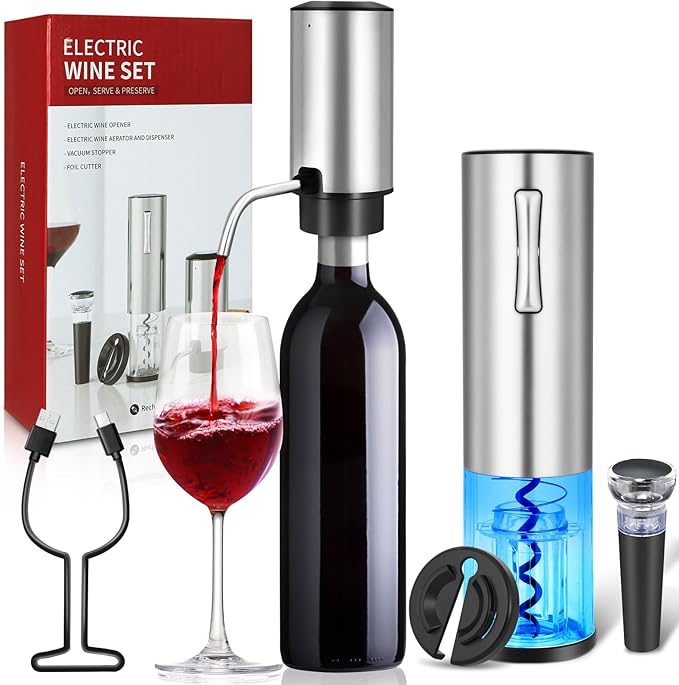 VIDYSUFYR Electric Wine Bottle Opener Set with Charging Base- Black, Automatic Wine Bottle Opener with Led Light, Rechargeable Corkscrew Kit with Aerator,Foil Cutter,Stoppers
