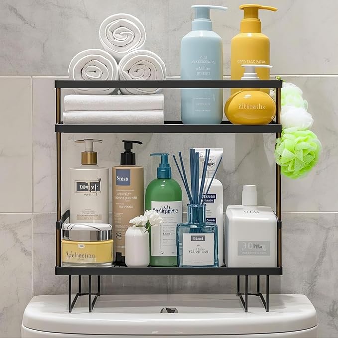 ShellKingdom Over The Toilet Storage Shelf, 2 Tier Toilet Paper Holder Stand Shelves, Punch-Free Bathroom Storage Rack with 2 Hooks, Small Space Organizers for Bathroom, Home, Countertop, Black